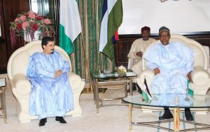 PRESIDENT BUHARI RECEIVES OUTGOING SAHARAWI AMB 3. R-L; President Muhammadu Buhari receives the outgoing Saharawi Ambassador to Nigeria, Mr Oubi Bachir during a farewell audience at the State House in Abuja. PHOTO; SUNDAY AGHAEZE. AUGUST 18 2016.